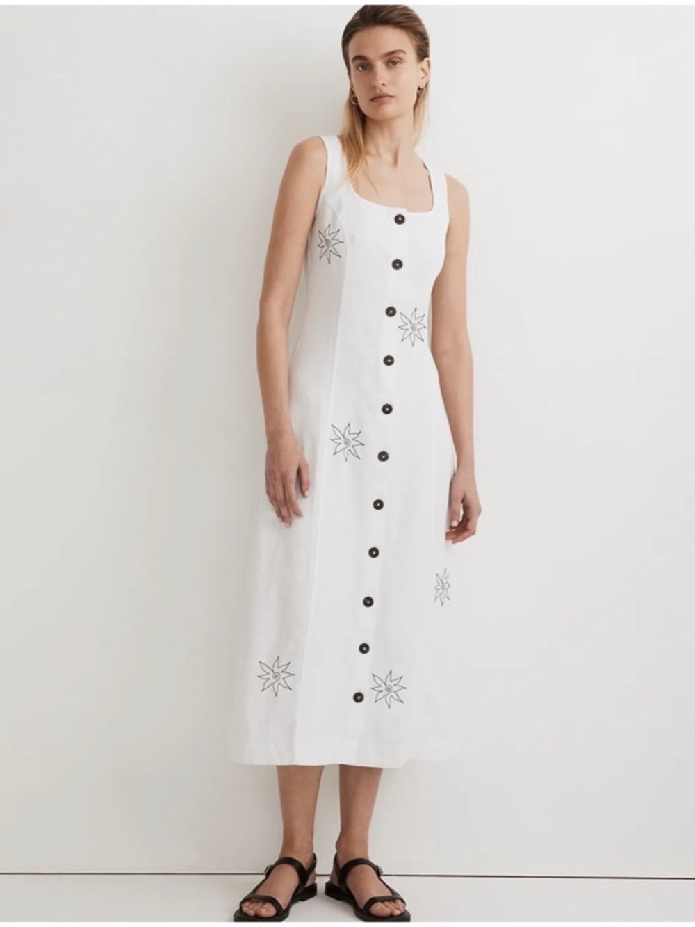 Anthropologie Madewell 100% Linen Embroidered‎ Floral Midi Button Front Dress